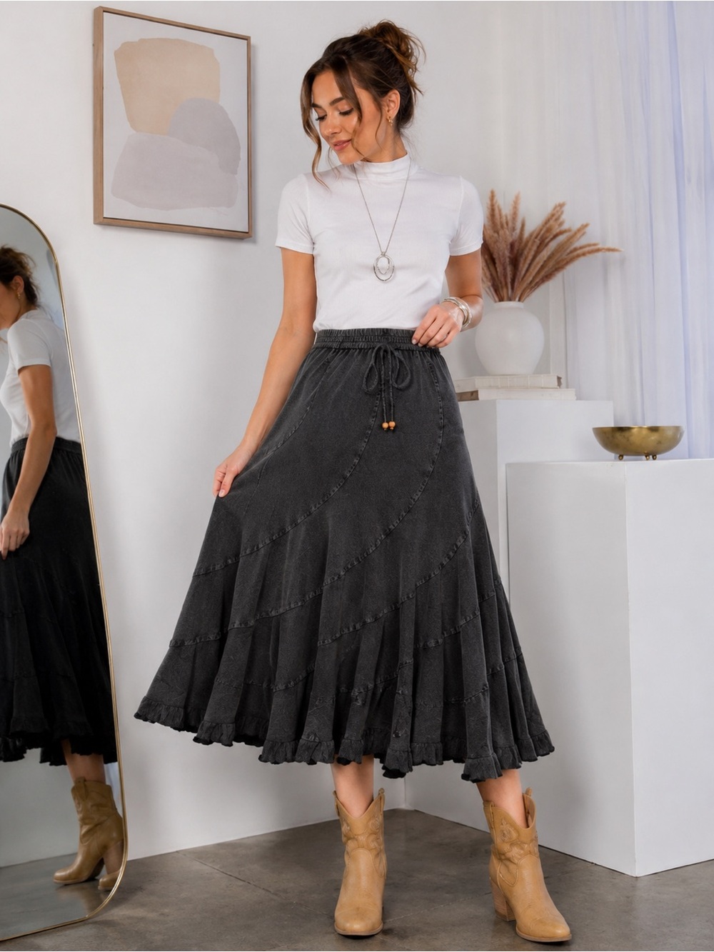 Damla Tiered Midi Skirt in Charcoal
